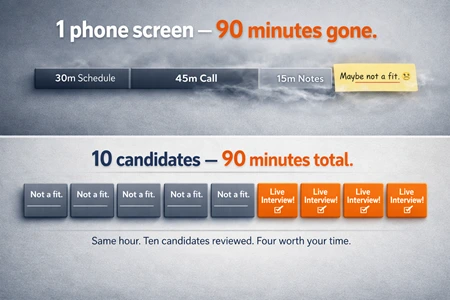 1 phone screen takes 90 minutes. With BafGo, screen 10 candidates in the same time.
