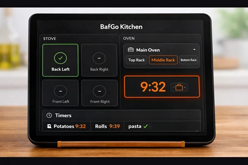 BafgoKitchen visual stove and oven timer interface on a phone screen