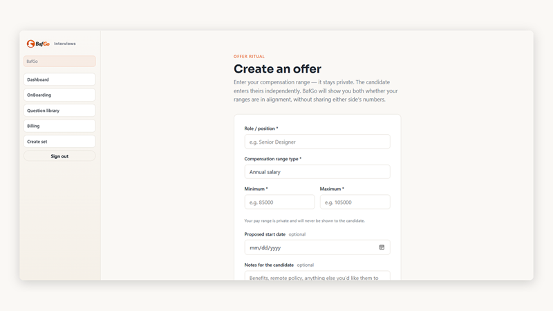 Offer creation screen