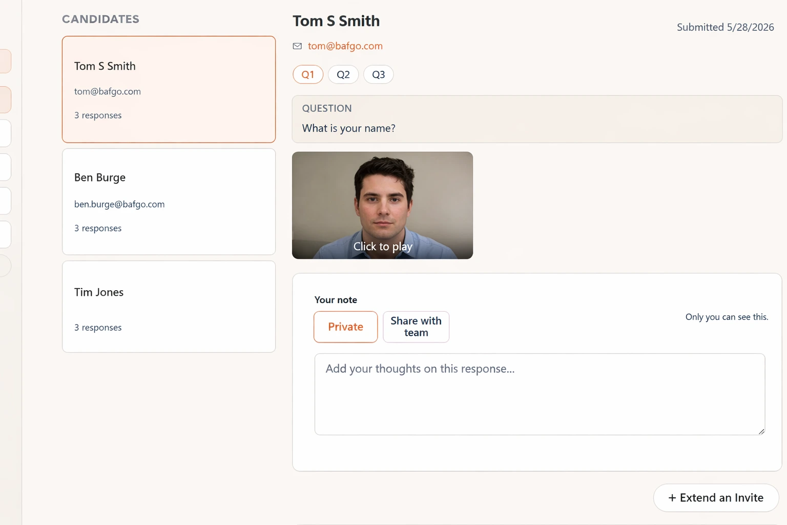 BafGo review dashboard showing candidate responses with team notes