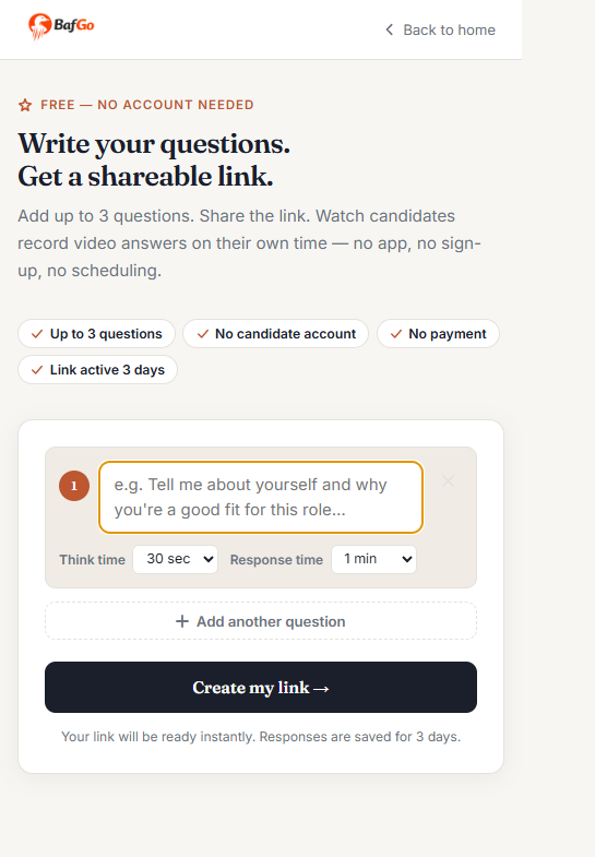 Writing interview questions in BafGo